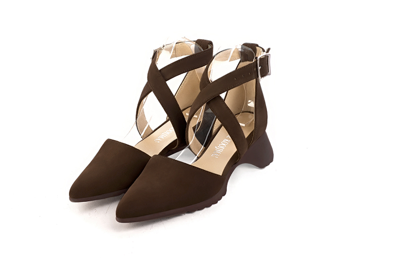 Dark brown women's open side shoes, with crossed straps. - Florence KOOIJMAN